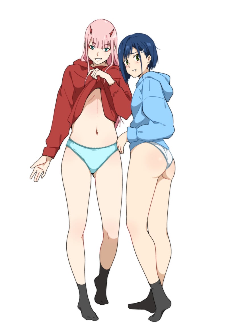 2girls alternate_costume ankle_socks anklehighs bare_legs black_socks blue_hair bottomless breasts clothes_lift darling_in_the_franxx feet full_body green_eyes hair_ornament hairband hairclip hood hoodie horns ichigo_(darling_in_the_franxx) long_hair looking_at_viewer medium_breasts multiple_girls navel no_shoes oni_horns panties pink_hair red_horns sbel02 shirt_lift short_hair socks straight_hair underwear white_hairband zero_two_(darling_in_the_franxx)