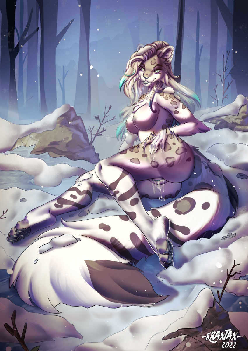 1girls absurd_res anthro bodily_fluids felid female female_only fluffy_tail forest genital_fluids genitals hi_res humanoid kraxtax long_hair mammal nipples nude pantherine plant presenting pussy pussy_juice snow snow_leopard solo tree