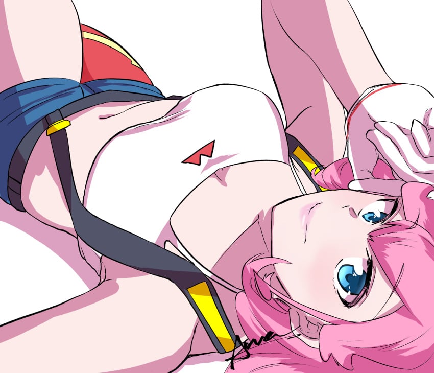 1girls aina_ardebit big_breasts blue_eyes female female_only hi_res light-skinned_female light_skin looking_at_viewer pink_hair promare seductive_pose solo