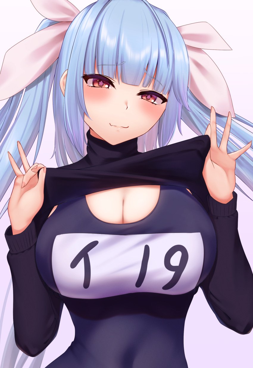 absurdres arugou black_blouse blouse blue_hair breasts cleavage cowboy_shot female flower-shaped_pupils hair_ribbon highres i-19_(kantai_collection) kantai_collection lifted_by_self long_hair long_sleeves name_tag one-piece_swimsuit red_eyes ribbon school_swimsuit solo swimsuit swimsuit_under_clothes symbol-shaped_pupils tri_tails