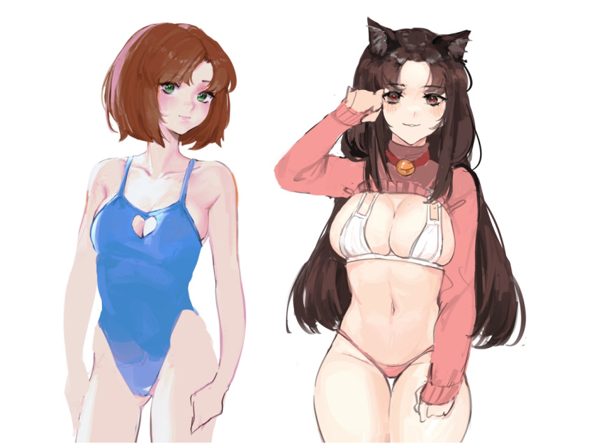 2girls animal_ears brown_eyes brown_hair cakee cat_ears female green_eyes long_hair medium_hair multiple_girls orange_hair original original_character petite