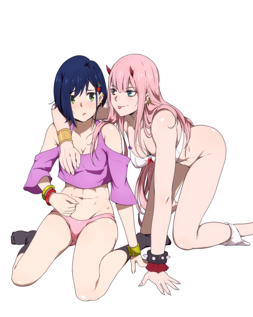 2girls anklehighs big_breasts black_socks bottomless crew_socks darling_in_the_franxx ichigo_(darling_in_the_franxx) panties_around_leg sbel02 socks tagme yuri zero_two_(darling_in_the_franxx)