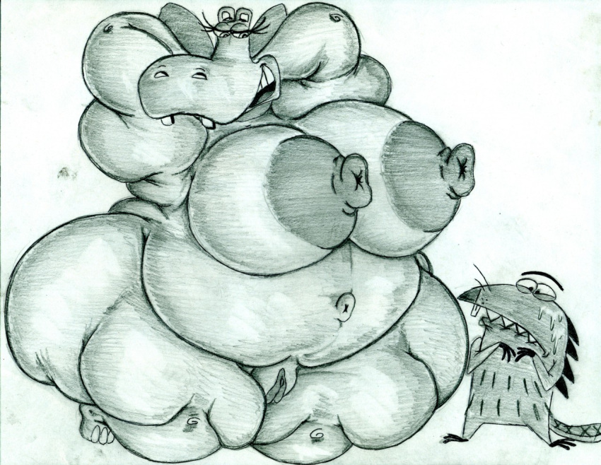 angry_beavers anthro beaver biting_lip daggett erect_nipples eyelashes fritztcatking furry hippopotamus huge_breasts hyper isabel_the_hippo monochrome nickelodeon obese open_mouth overweight pencil_(artwork) pussy sharp_teeth sweat ugly