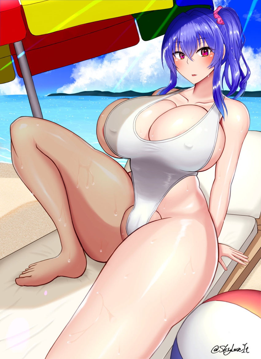 1girls beach beach_ball big_breasts blue_hair breasts curvaceous curvy curvy_body curvy_female curvy_figure female female_focus huge_breasts large_breasts long_hair looking_at_viewer nipples nipples_visible_through_clothing original_character ponytail red_eyes skyloveit sweat sweatdrop sweating swimsuit thick_thighs thighs venus_body voluptuous