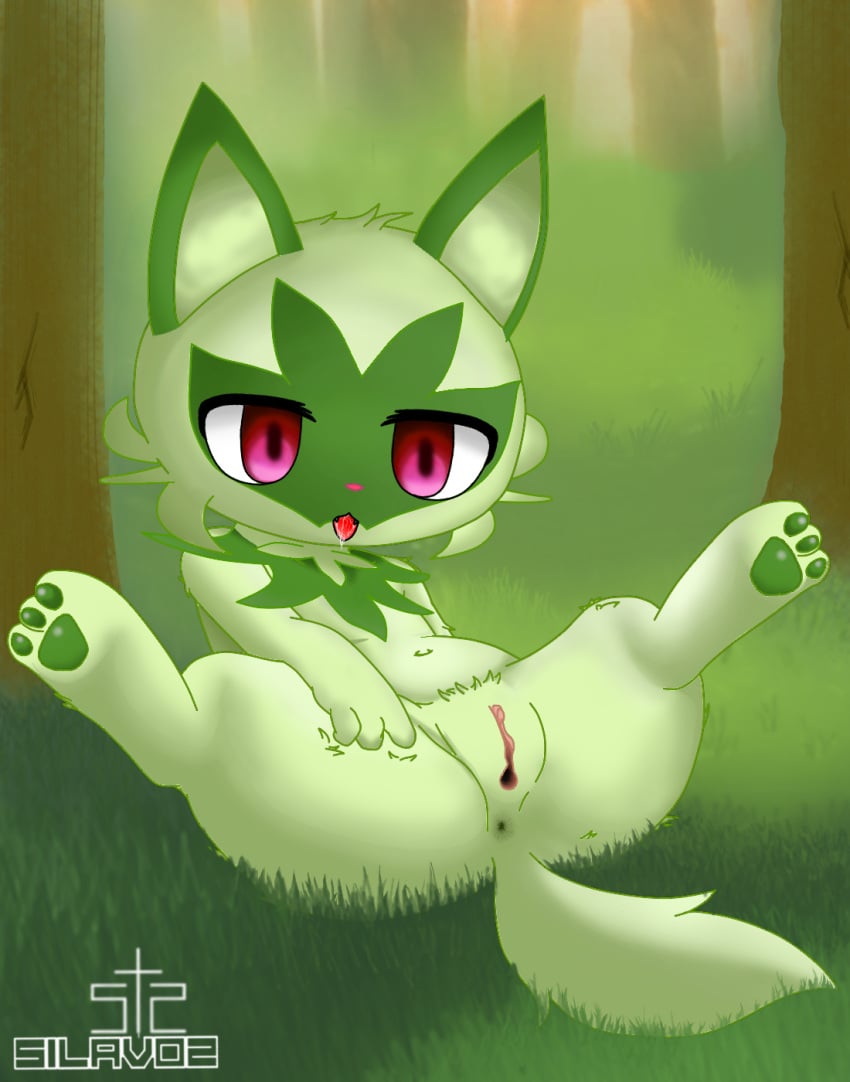 2022 anthro anus belly_button cat_ears drooling female female_only feral fur furry furry_only game_freak green_fur green_theme nintendo open_mouth open_pussy outdoors paw pokémon_(species) pokemon pokemon_sv pussy silavos solo spread_legs sprigatito tail