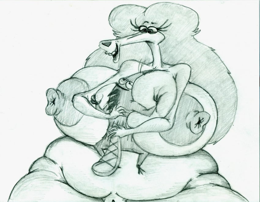 angry_beavers anthro beaver daggett eyelashes face_in_breasts frida_(angry_beavers) fritztcatking furry hyper hyper_breasts long_hair monochrome nickelodeon open_mouth pencil_(artwork) pussy sheep size_difference straight