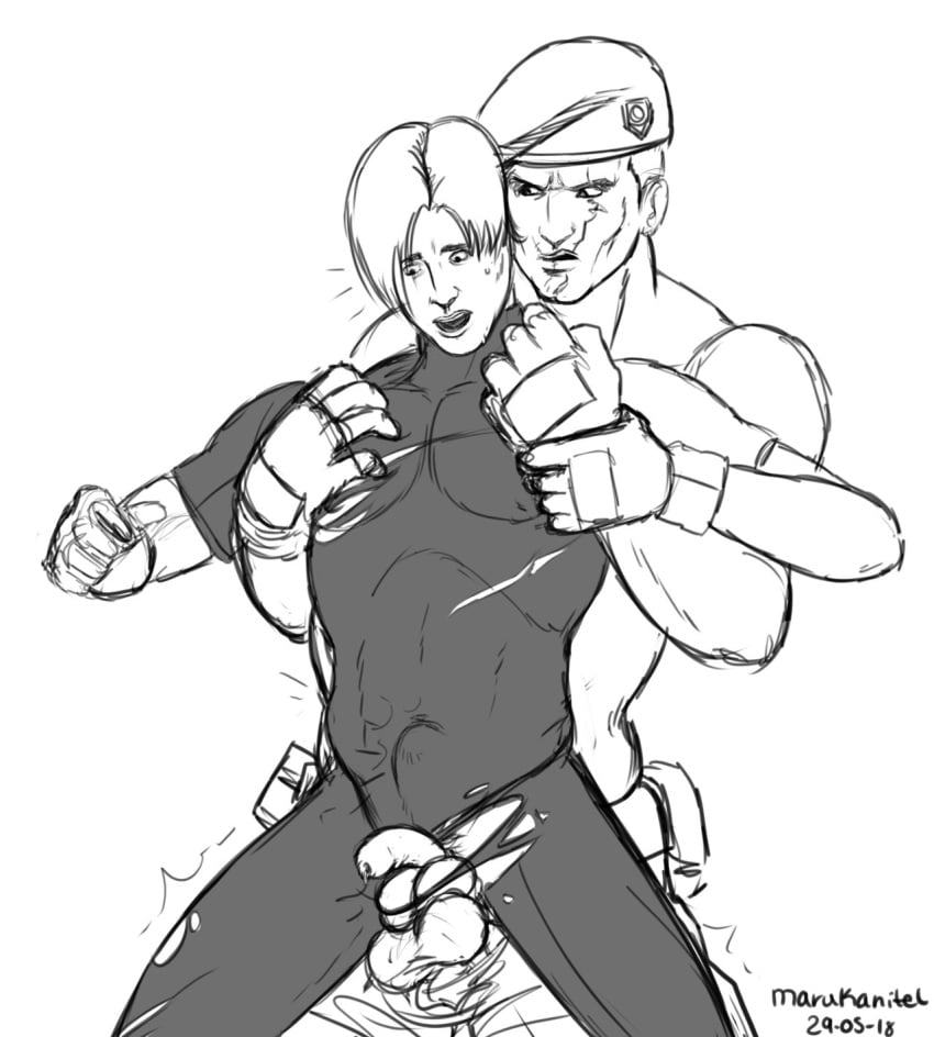 2boys beret black_and_white creation_date gay jack_krauser leon_scott_kennedy looking_at_another looking_at_penis male male_only marukanitel open_mouth resident_evil source_request testicles torn_clothes white_background yaoi