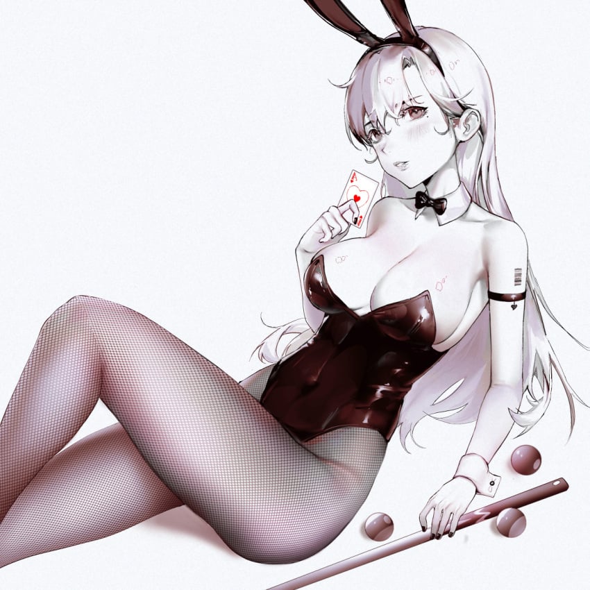 1girls big_breasts bunny_ears bunnysuit cakee female fringe long_hair original original_character seductive_look white_hair