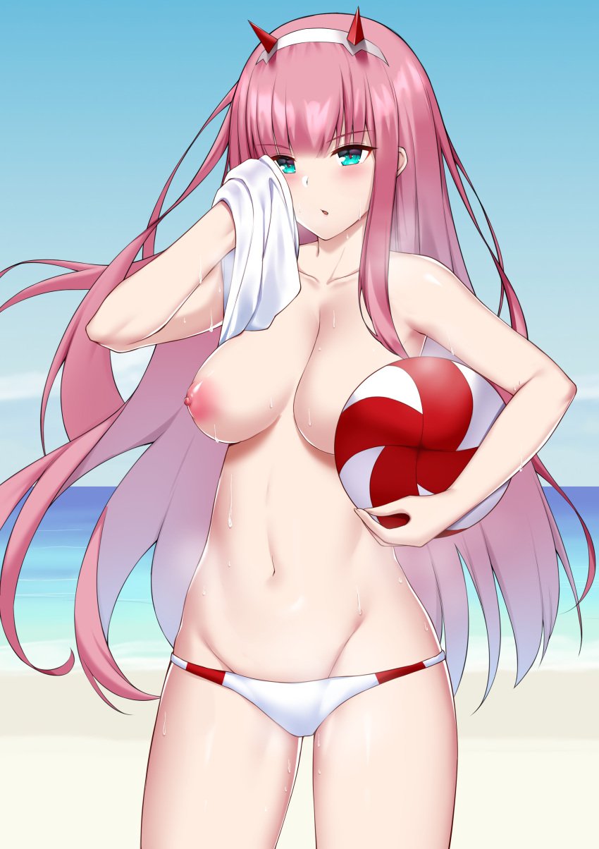 1girls :o beach breasts commission commissioner_upload darling_in_the_franxx female female_only green_eyes hair_ornament high_resolution highres horns long_hair nekosama_shugyouchuu nipples panties pink_hair solo sweat topless towel very_high_resolution very_long_hair volleyball zero_two_(darling_in_the_franxx)