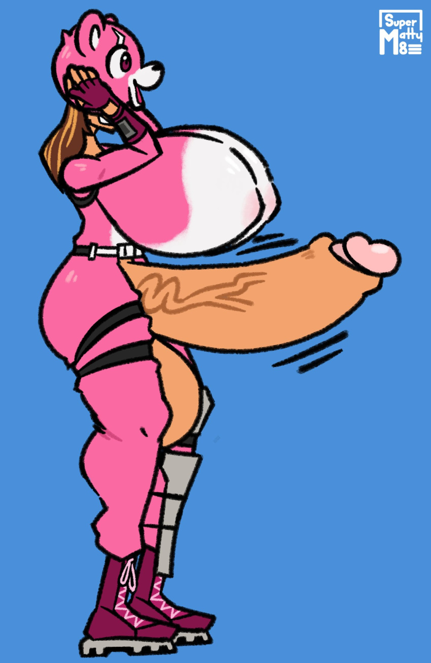 1futa artist_request balls big_breasts big_penis blue_background breasts clothed clothing cuddle_team_leader fortnite futa_only futanari human hyper hyper_balls hyper_breasts hyper_penis light-skinned_futanari light_skin looking_back mostly_clothed penis side_view solo solo_futa standing supermattym8