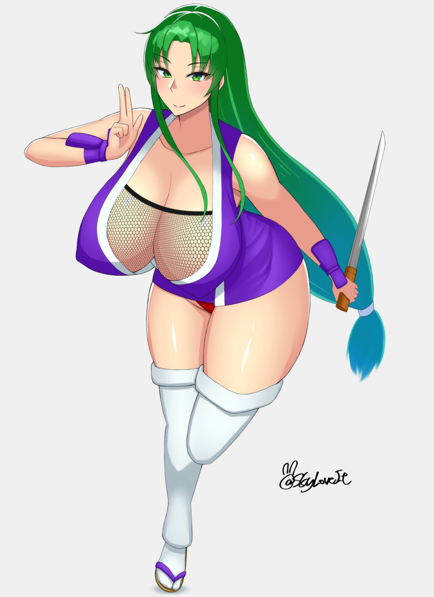 1girls big_breasts breasts curvaceous curvy curvy_body curvy_female curvy_figure female female_focus ganbare_goemon green_eyes green_hair huge_breasts kunoichi large_breasts long_hair skyloveit thick_thighs thighs venus_body voluptuous yae_(ganbare_goemon)