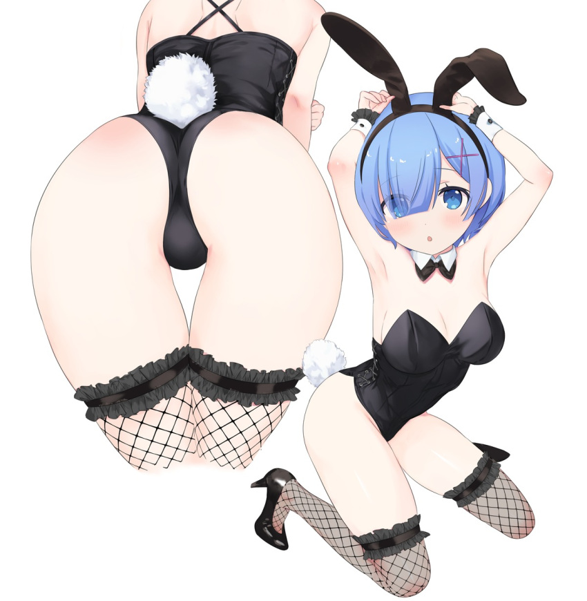 1girls ass blue_eyes blue_hair breasts bunny_ears bunny_girl bunny_tail bunnysuit echiru echiru39 female female_only re:zero_kara_hajimeru_isekai_seikatsu rem_(re:zero) shoes sitting solo