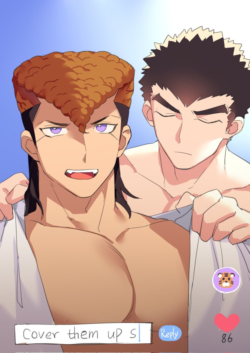 2boys bara big_chest big_pecs black_hair blue_background chest closed_eyes cover_them_up_slut danganronpa danganronpa:_trigger_happy_havoc etap gay hi_res kiyotaka_ishimaru light_skin looking_at_viewer male male/male male_focus male_only meme mondo_oowada muscles muscular_male orange_hair pecs pompadour purple_eyes seductive tan_skin tiktok tiktok_overlay two_tone_hair