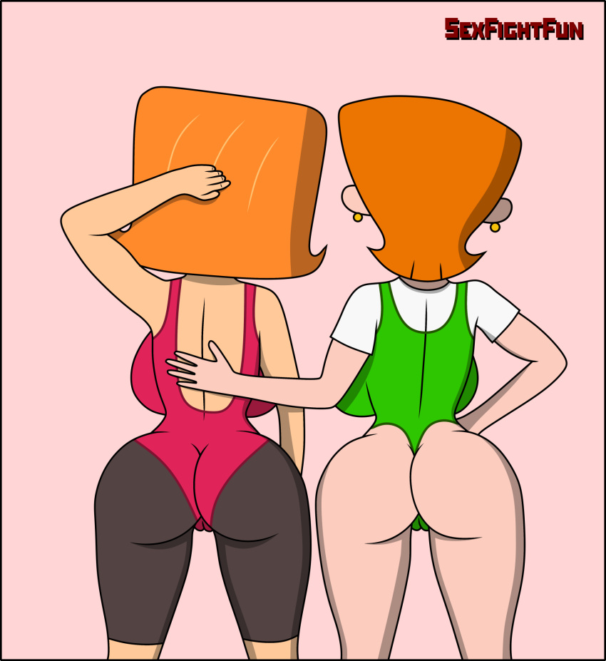 ass ass_grab back_view big_breasts breasts cameltoe cartoon_network crossover debbie_turnbull debs_turnbull dexter's_laboratory dexter's_mom female female_only grabbing_ass gym_uniform gymnastics huge_breasts leotard milf nickelodeon nipples_visible_through_clothing retro robotboy sexfightfun spines sports_uniform string yuri