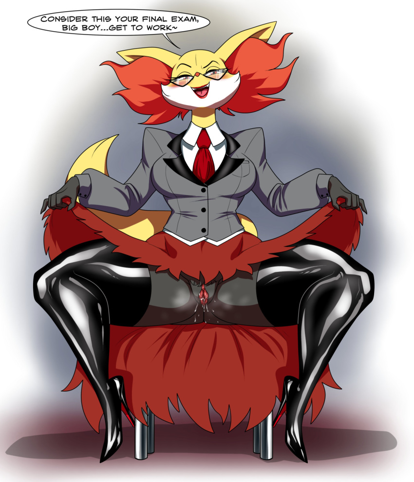 blush breasts clothed clothing crovirus delphox dialogue eyewear female fur furry furry_only glasses hi_res high_heel_boots high_heels nintendo pok&eacute;mon_(species) pokemon pokemon_(species) pussy skirt spread_pussy tail teacher teacher_outfit thick_thighs thigh_boots wet_pussy