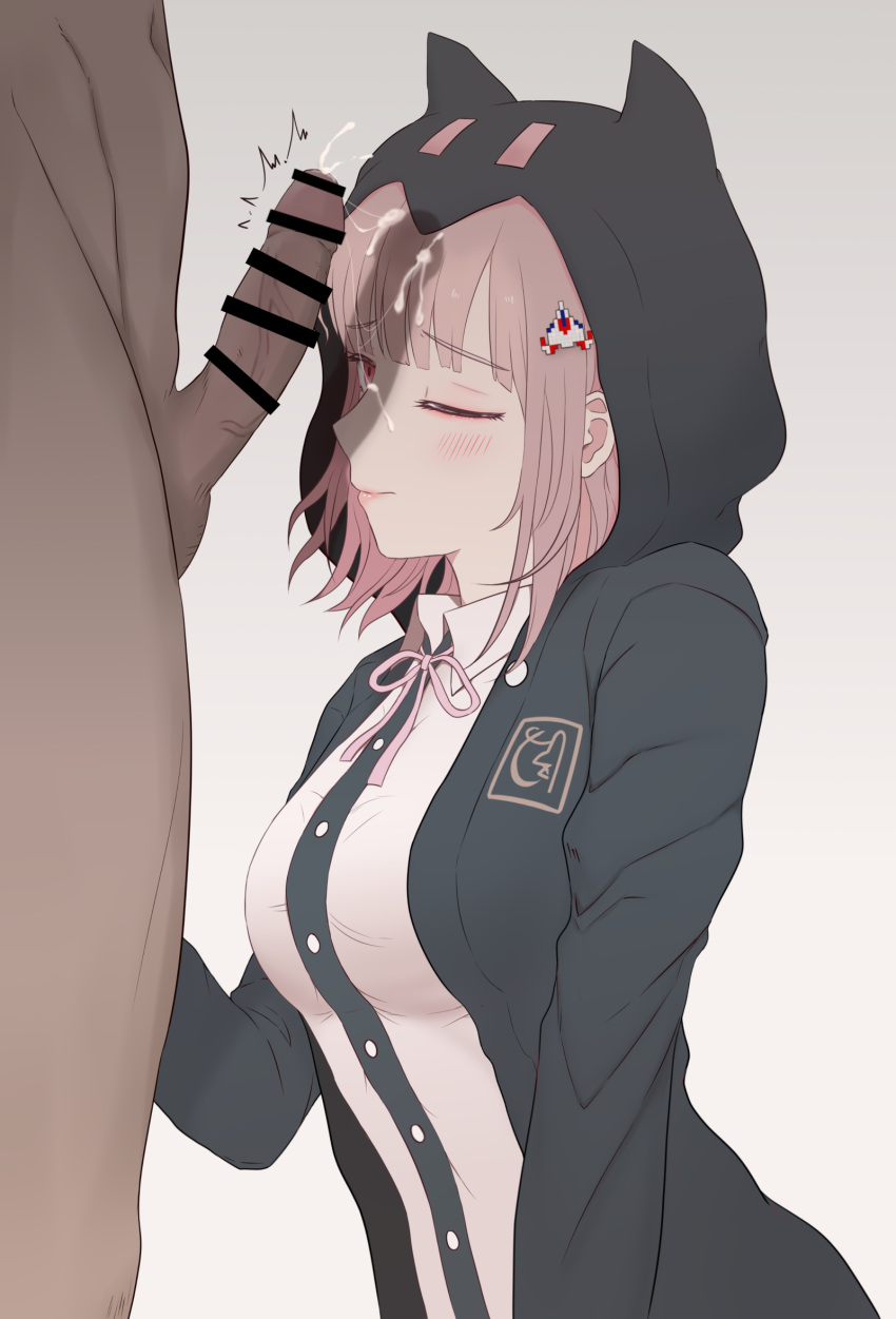 danganronpa danganronpa_2:_goodbye_despair facial female gon_(congchuabuoito) nanami_chiaki neck_ribbon open_clothes open_jacket penis pink_ribbon ribbon shirt straight_hair white_shirt