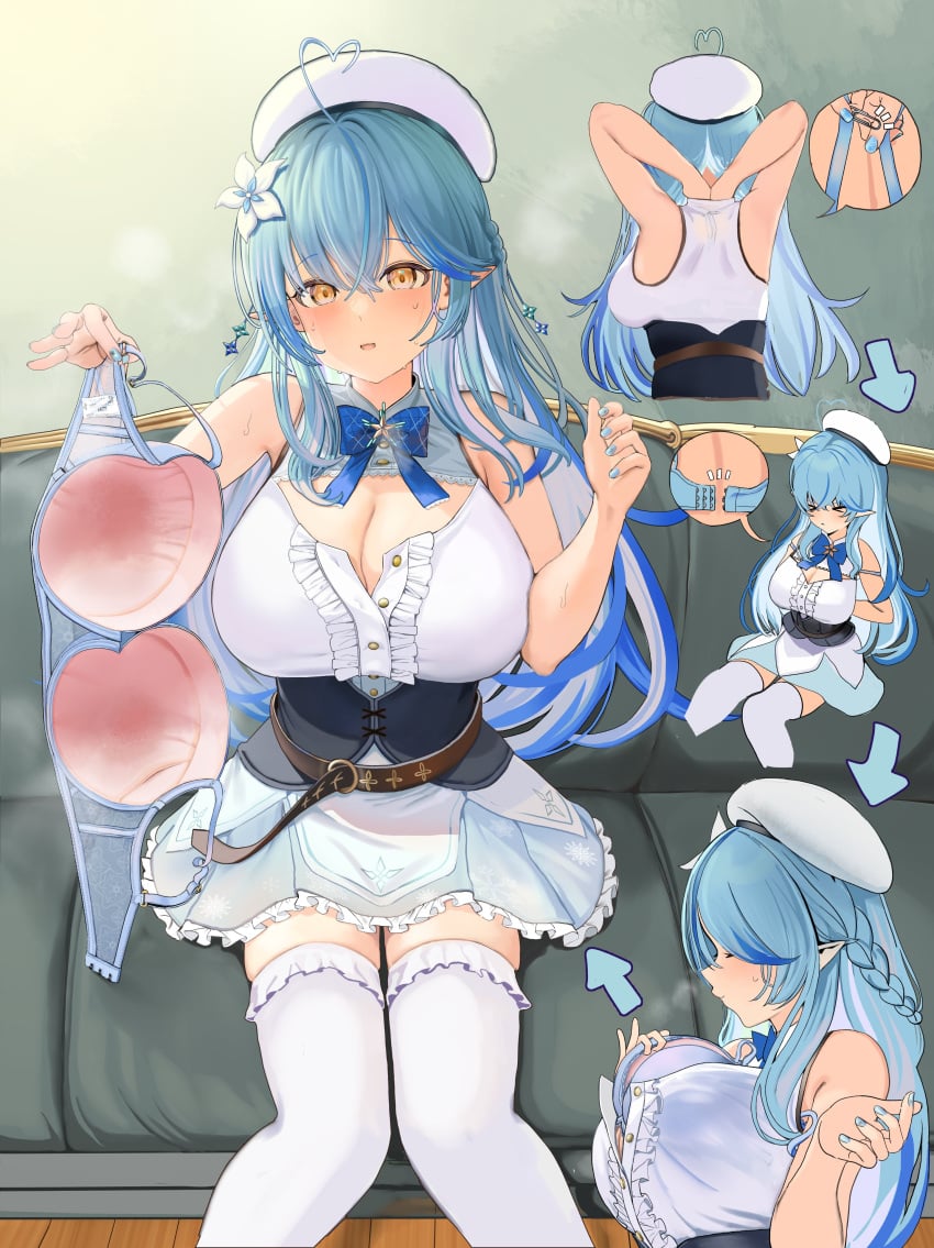 >_< 1girls 2022 absurd_res ahoge armpits arms_behind_back arrow back bare_arms bare_shoulders belt beret blue_bra blue_hair blue_nails bow bowtie bra bra_removed braid breasts center_frills cleavage clothed clothing corset couch elf female female_only flower french_braid frills hair_between_eyes hair_flower hair_ornament hands_behind_back hat heart heart_ahoge hi_res highres holding_bra hololive hololive_gen_5 hololive_japan huge_breasts indoors jewelry knees_together_feet_apart long_ears long_hair looking_at_viewer miniskirt multiple_views nail_polish no_bra offering on_couch open_mouth pointy_ears removing_bra ribbon shirt sitting skindentation skirt sleeveless sleeveless_shirt slq smell smile solo stained_bra stained_clothes step_by_step sumida_bunchou sweat sweat_stain sweating sweaty_bra sweaty_breasts thighhighs thighs tied_hair tongue underwear unhooked_bra virtual_youtuber w_arms white_clothing white_flower yellow_eyes yukihana_lamy zettai_ryouiki