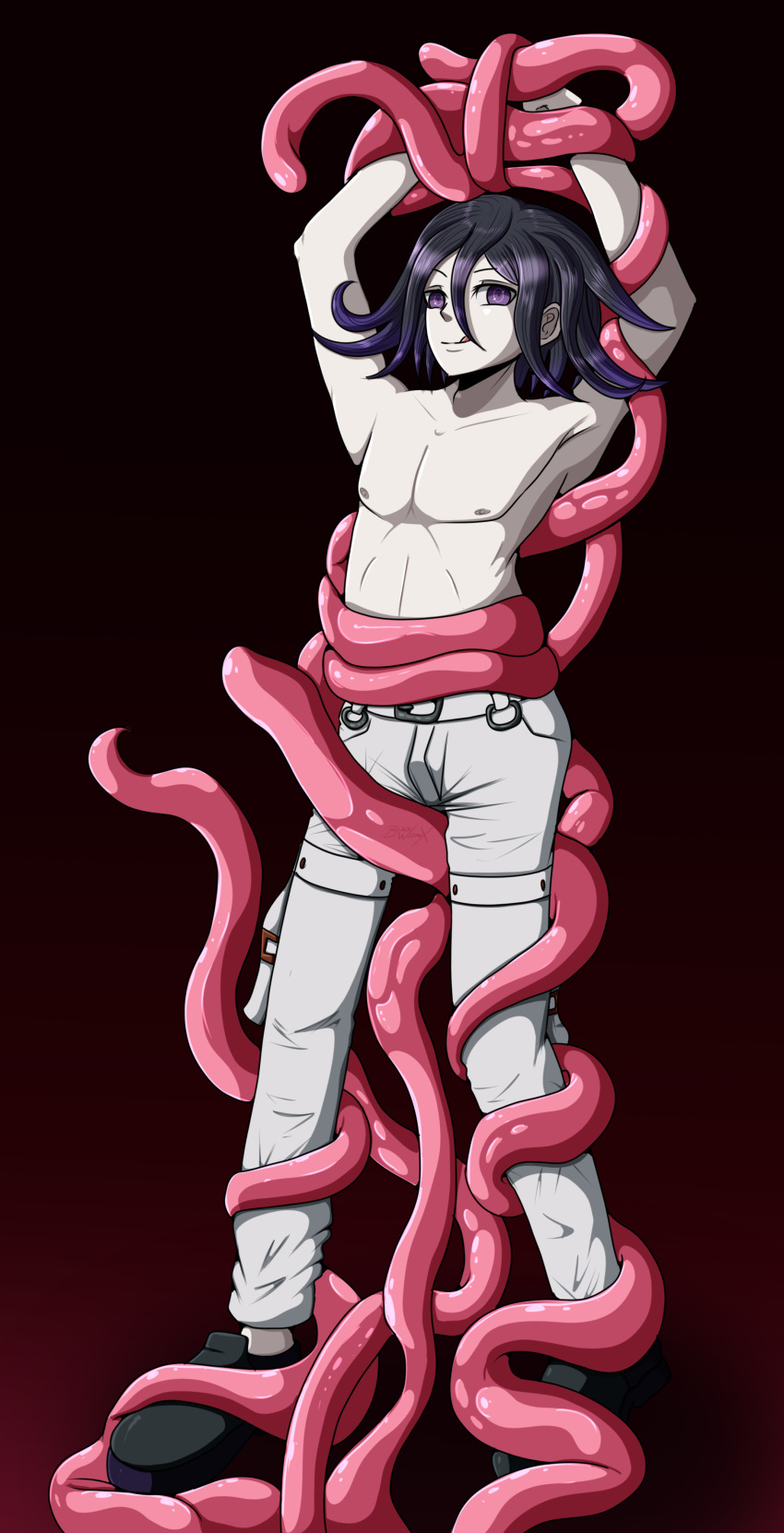 1boy blackwidowx danganronpa danganronpa_v3 hands_up licking_lips looking_at_viewer male male_only ouma_kokichi pale-skinned_male pale_skin purple_eyes purple_hair restrained solo straight_hair tentacle tentacle_hair tentacle_on_male topless