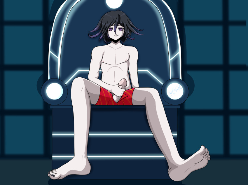 1boy black_hair blackwidowx danganronpa danganronpa_v3 erection feet holding_penis looking_at_viewer male male_only masturbation nail_polish ouma_kokichi pale-skinned_male pale_skin purple_hair sitting sitting_on_throne smile smiling smiling_at_viewer solo straight_hair topless two_tone_hair