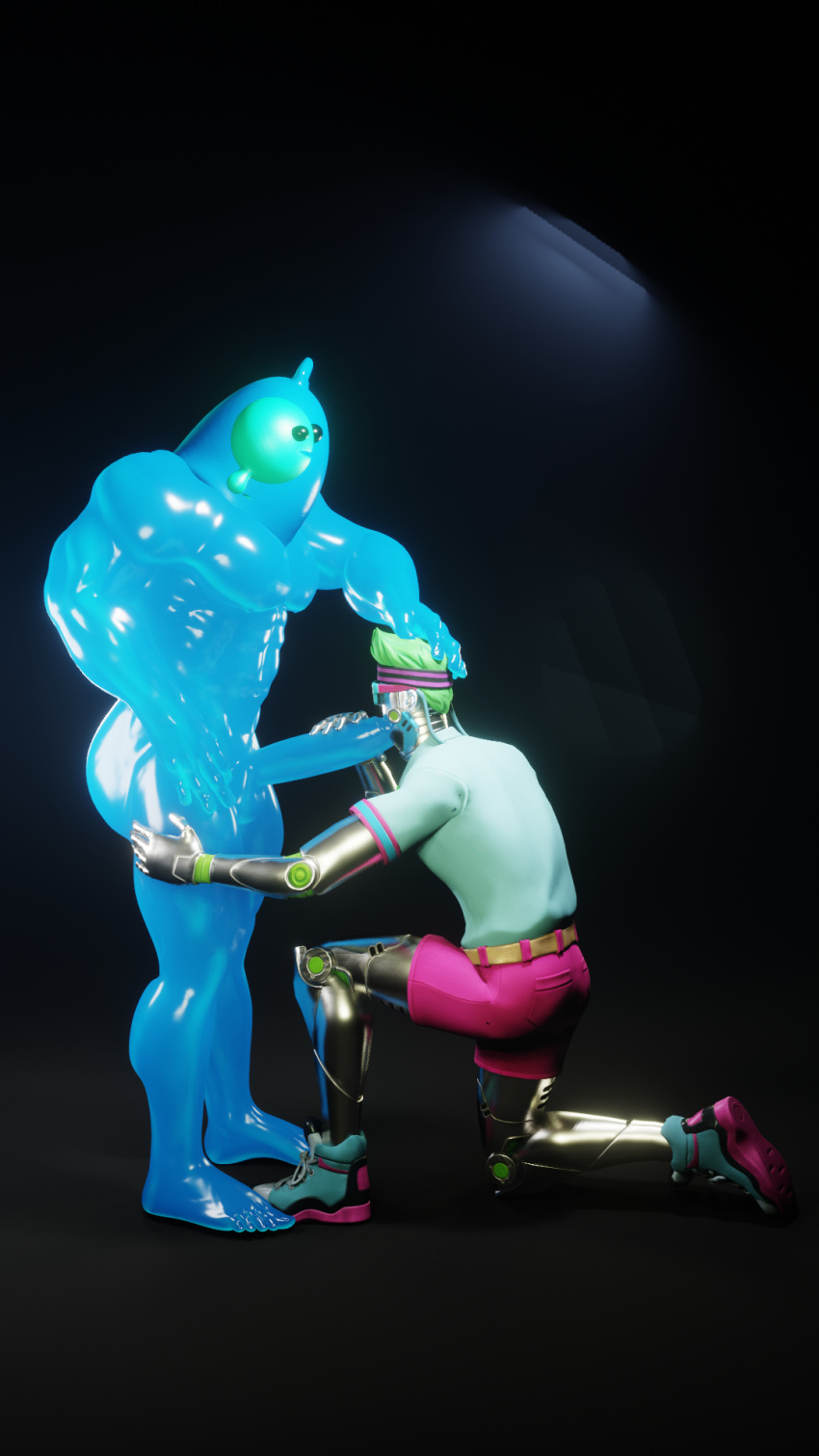 big_ass big_penis blowjob blue_shirt blue_skin bow_tie bryce_3000 fortnite gay glasses green_hair muscular_male pink_pants rippley rippley_(fortnite) robot slurp_(fortnite) yaoi