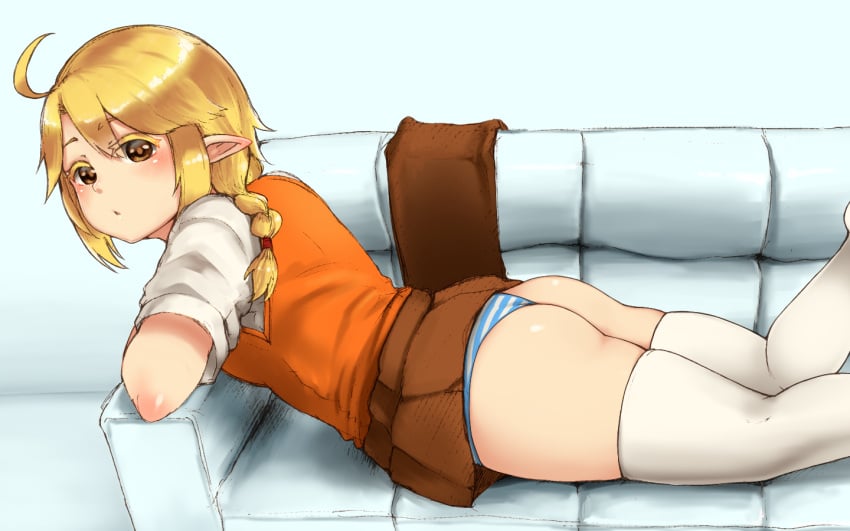 :o ahoge arm_support ass blonde_hair braid brown_eyes brown_skirt clothes_lift couch elf female french_braid from_side long_hair looking_at_viewer lying miniskirt on_stomach orange_vest original panties pleated_skirt pointy_ears sakushin shimapan shirt short_sleeves skindentation skirt skirt_lift solo striped striped_panties thighhighs thighs underwear vest white_legwear white_shirt