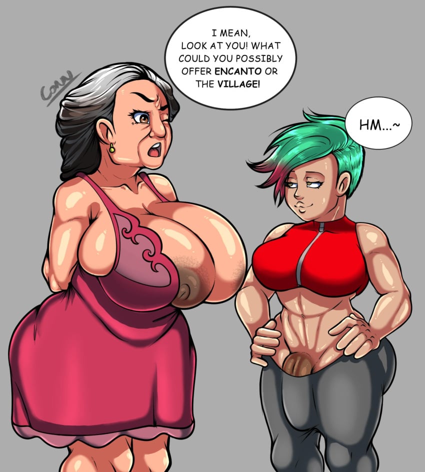 1futa 1girl1futa 1girls age_difference alma_madrigal areola_slip breasts bulge casual_exposure casual_nudity celine_(lycanthieves) clothed clothing colombian connthicc dark-skinned_futanari dark_skin dialogue dickgirl disney duo encanto english english_text female flaccid futa_with_female futanari gilf grandmother grey_hair height_difference huge_breasts human hyper_bimbo ineffective_clothing intersex latina light-skinned_female light_skin lingerie mostly_clothed nipple_slip older_female penis penis_bulge penis_slip penis_under_clothes size_difference speech_bubble venus_body younger_futanari