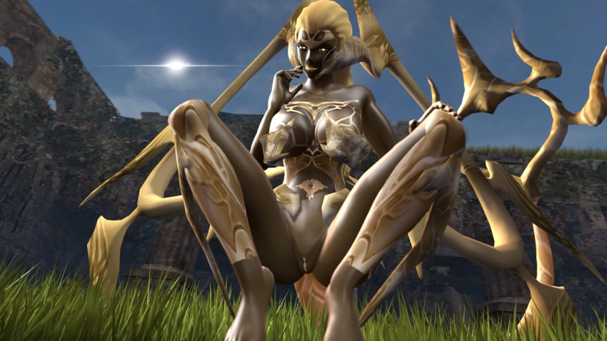 1girls 3d anthro armor athletic_female big_breasts blonde_hair canastus dark_skin female goddess golden_eyes heart_shaped_tail lens_flare lipstick long_tail pandora's_tower pinup ruins source_filmmaker squatting tagme wings zeron