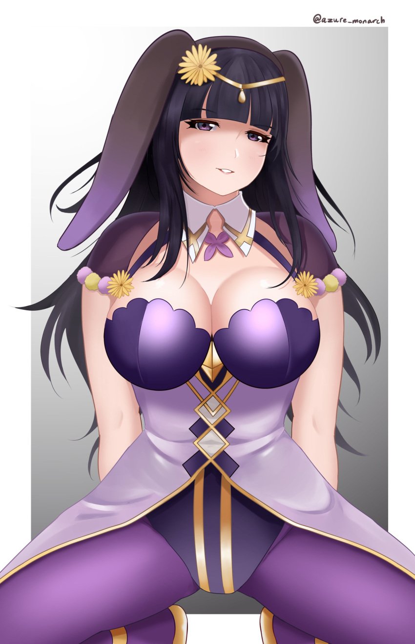 alternate_costume azure_monarch bangs breasts bunny_ears bunny_girl bunnysuit clothed clothing easter female fire_emblem fire_emblem_awakening fire_emblem_heroes large_breasts official_alternate_costume solo squatting tharja_(fire_emblem) tharja_(spring)_(fire_emblem)