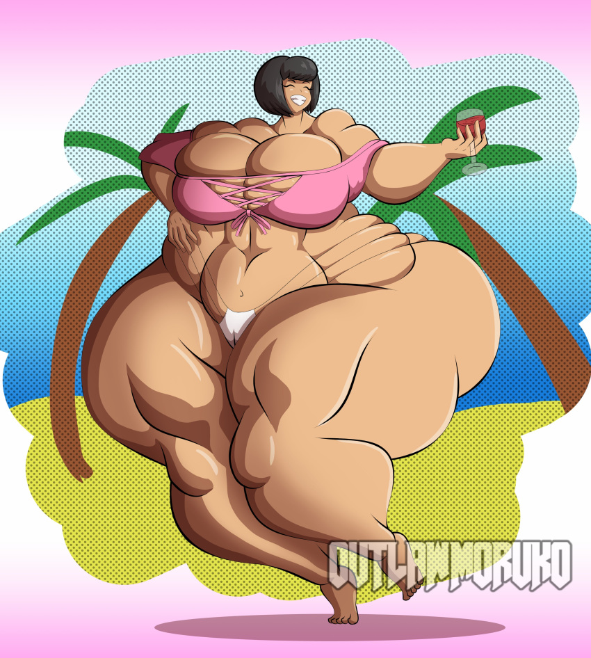 1girls abs absurdres bangs black_hair breasts captainxero cleavage dinner-kun drink female female_only glass highres holding_drink holding_glass holding_object huge_thighs hyper hyper_thighs large_breasts medium_hair outlaw_monkey_x short_hair simple_background smile thick_thighs watermark yukiko_amari