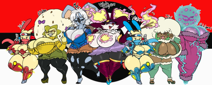 2022 anthro areola big_breasts blep blue_body blue_fur bottomwear braixen breasts breasts_bigger_than_head cleavage closed_eyes clothed clothing eldegoss eyewear facial_piercing female fire fur gesture glasses hat headgear headwear hi_res holding_object holding_weapon huge_breasts humanoid jyto komala legwear lip_piercing middle_finger minun ninja nintendo nipple_outline panties piercing plusle pokémon_(species) pokémon_humanoid pokemon pokemon_(species) pokemorph purple_body purple_fur shiny_braixen shiny_pokemon shiny_spiritomb shorts shortstack spiritomb stick thick_thighs thigh_highs tongue tongue_out topwear torn_clothing underwear v_sign video_games warrior weapon whimsicott zipper