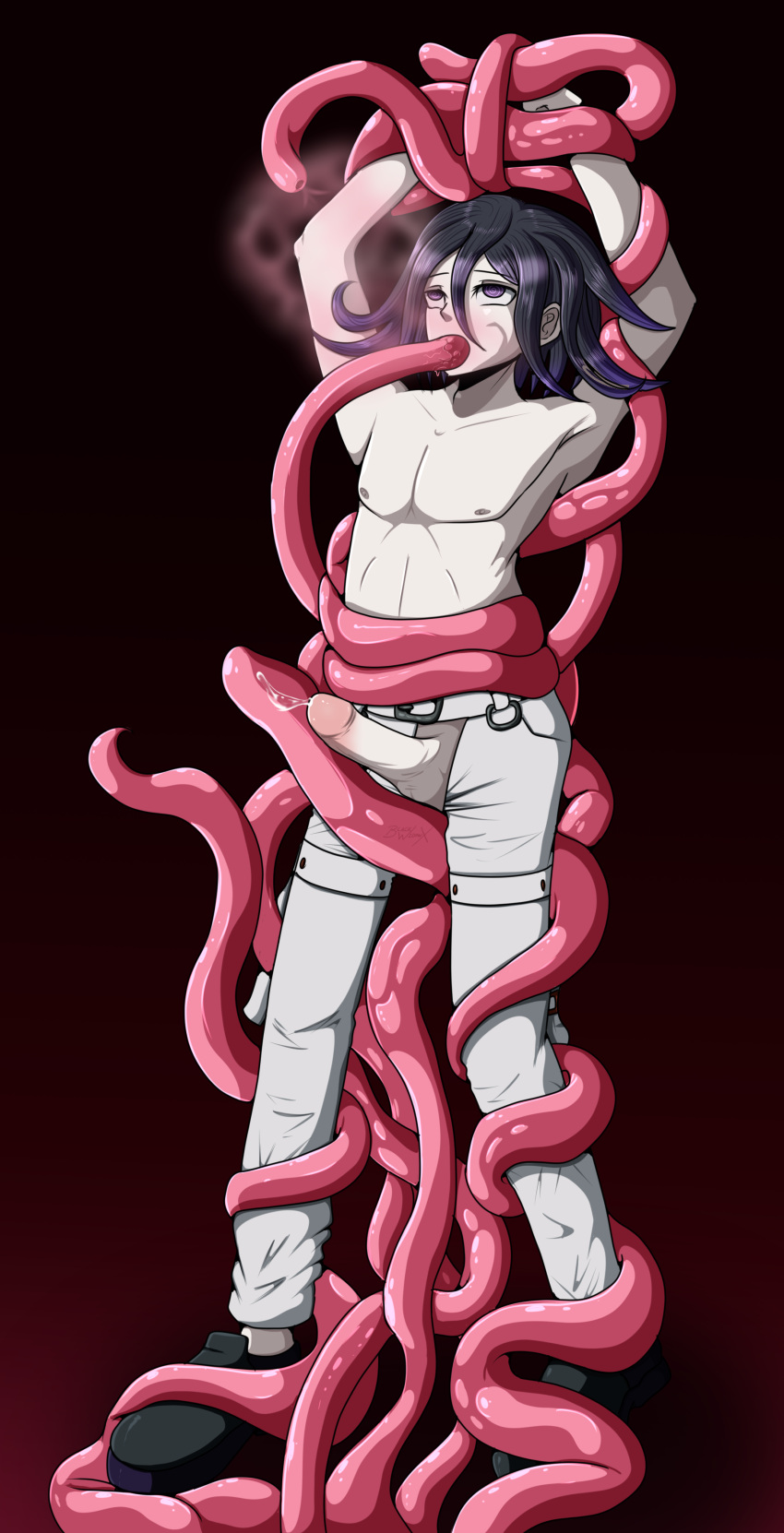 1boy blackwidowx cum cumming cumshot danganronpa danganronpa_v3 hands_up looking_up male male_only ouma_kokichi pale-skinned_male pale_skin penis penis_out purple_eyes purple_hair restrained solo straight_hair tentacle tentacle_hair tentacle_in_mouth tentacle_on_male topless