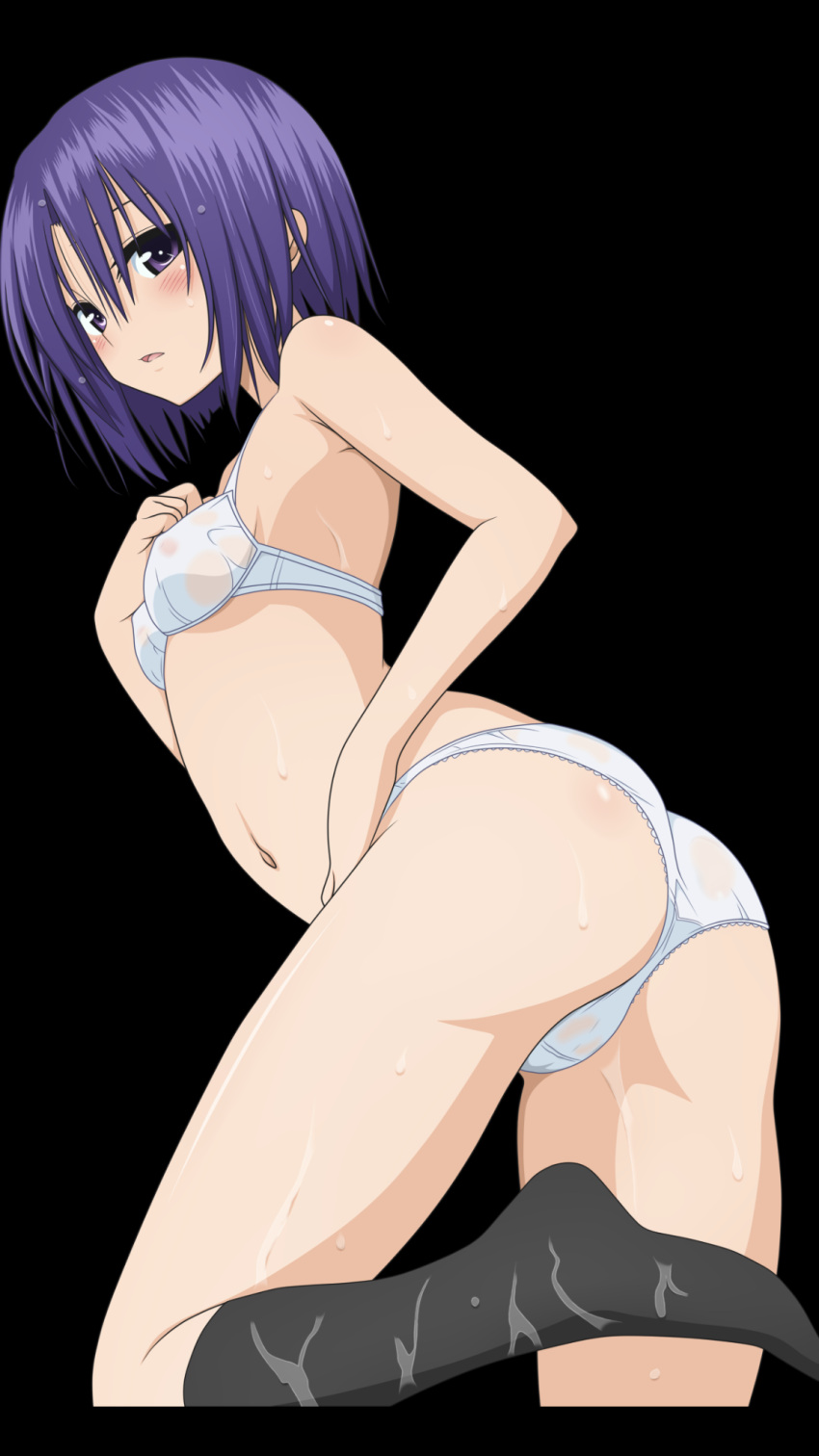 1girls black_background blush breasts female female_only hand_on_chest hand_on_hip leg_up looking_at_viewer looking_back purple_eyes purple_hair sairenji_haruna see-through see-through_bra see-through_panties socks solo sweat tagme to_love-ru underwear yabuki_kentarou