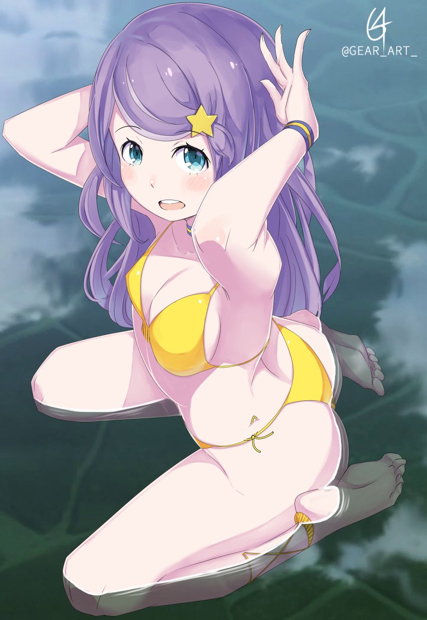 1girls adult anastasia_hoshin armband armpits arms_behind_head artist_name ass bare_shoulders barefoot blue_eyes blush breasts cute footwear gear_art hair_ornament hairclip highres human kneeling light-skinned_female light_skin long_hair looking_at_viewer medium_breasts purple_hair re:zero_kara_hajimeru_isekai_seikatsu sitting smile solo solo_female star stone_floor swimsuit thick_thighs thighs water yellow_bikini