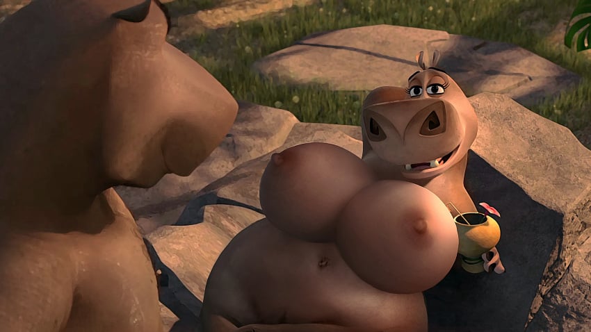 absurd_res anthro big_breasts breasts common_hippopotamus dreamworks edit female genitals gloria_the_hippopotamus hi_res hippopotamid madagascar_(series) madagascar_escape_2_africa male male/female mammal moto_moto nude paramount_pictures pussy screencap screenshot_edit solo venjiiart wide_hips