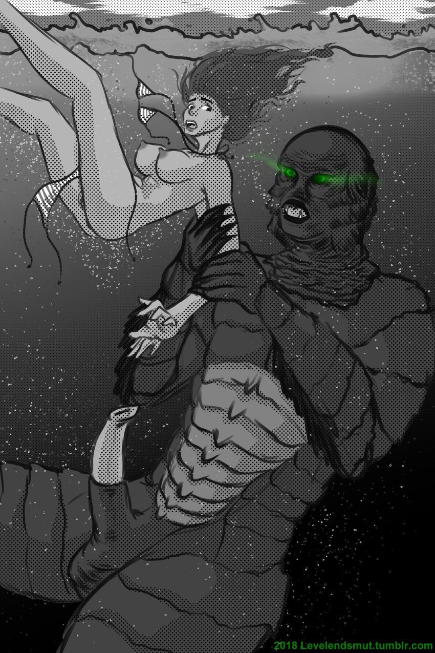 1boy 1girls 2018 amphibian amphibian_humanoid bikini bikini_bottom_removed bikini_removed bikini_top_removed creature_from_the_black_lagoon female fish_humanoid fishman gill-man levelend male nude penis underwater