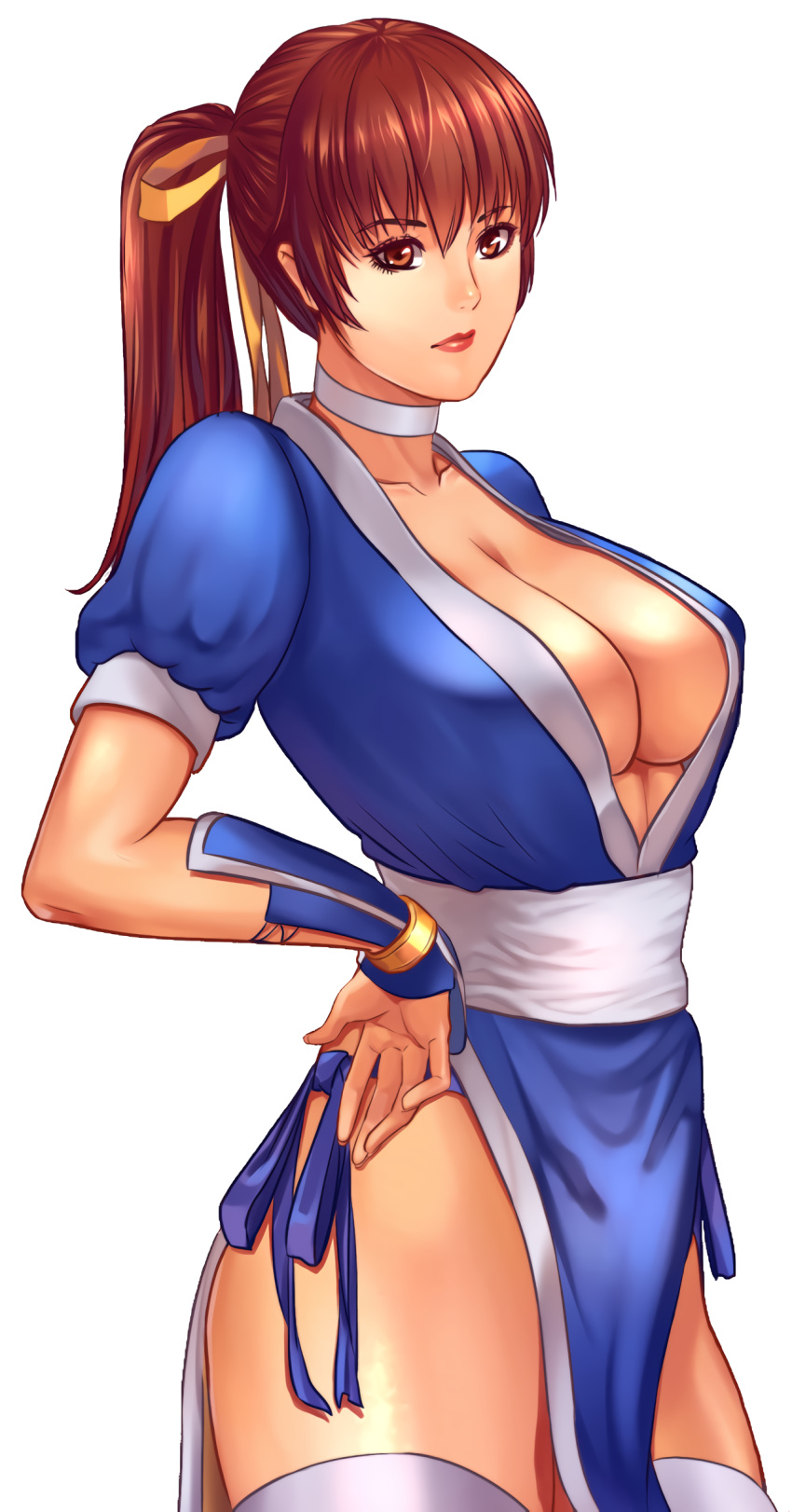 breasts brown_eyes brown_hair cleavage dead_or_alive female kasumi_(doa) kunoichi large_breasts lipstick looking_at_viewer makeup matching_hair/eyes no_bra no_panties no_underwear ponytail revealing_clothes seed01010 solo tagme thighhighs thighs white_background