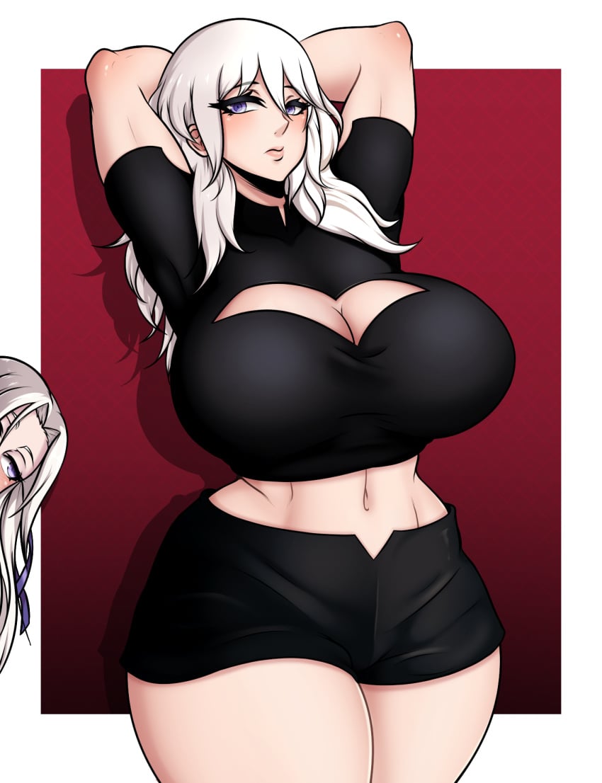 1girls abs alternate_costume byleth_(fire_emblem) byleth_(fire_emblem)_(female) cleavage cosplay edelgard_von_hresvelg expressionless female female_only fire_emblem fire_emblem:_three_houses huge_breasts large_breasts long_hair midriff muscular_female naughty_face nintendo purple_eyes seductive solo solo_focus tensa-zangitsu thick_thighs white_hair wide_hips