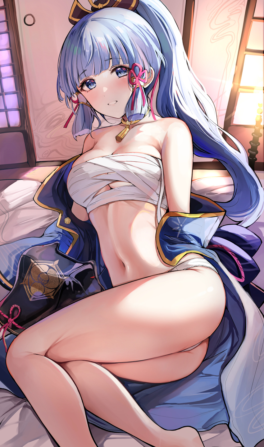 1girls bandage bed bedroom_eyes blue_eyes blue_hair blush breastplate breasts cleavage female female_only genshin_impact hi_res human japanese_clothes kamisato_ayaka legs looking_at_viewer on_bed panties ponytail princess sak_(lemondisk) sarashi smile underwear undressing