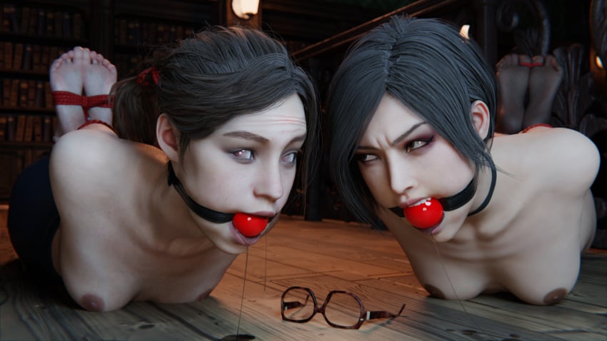 2girls 3d 3d_(artwork) ada_wong ada_wong_(adriana) arms_behind_back ball_gag barefoot bdsm black_hair blue_eyes bondage bound bound_ankles bound_arms breasts brown_eyes brown_hair capcom captured choker claire_redfield drool drooling eye_contact eyewear feet female female_only femsub gag gagged glasses hogtie multiple_girls multiple_subs naked_hogtie nipples nude nude_female on_floor on_stomach pointlamp resident_evil resident_evil_2 resident_evil_2_remake rope rope_bondage submissive submissive_female