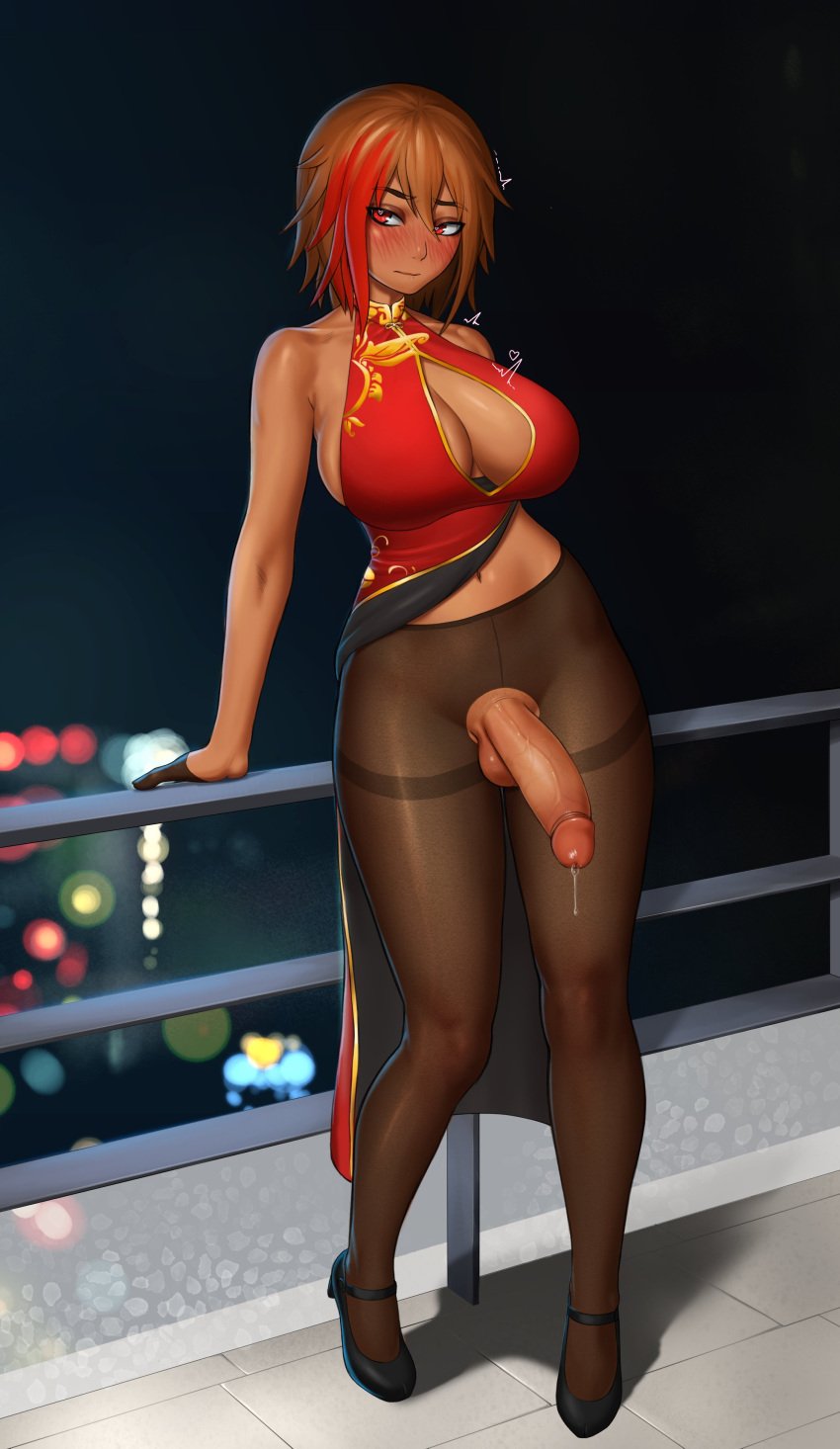 1futa balls bare_shoulders big_breasts big_penis breasts brown_hair china_dress chinese_clothes cleavage_cutout clenched_teeth clothed clothing dark-skinned_futanari dark_skin detailed_background dress embarrassed erection full_body futa_only futanari high_heels human kaf3art knees_together_feet_apart mostly_clothed pantyhose penis penis_out precum_drip public public_exposure railing red_hair short_hair solo standing two_tone_hair uncensored