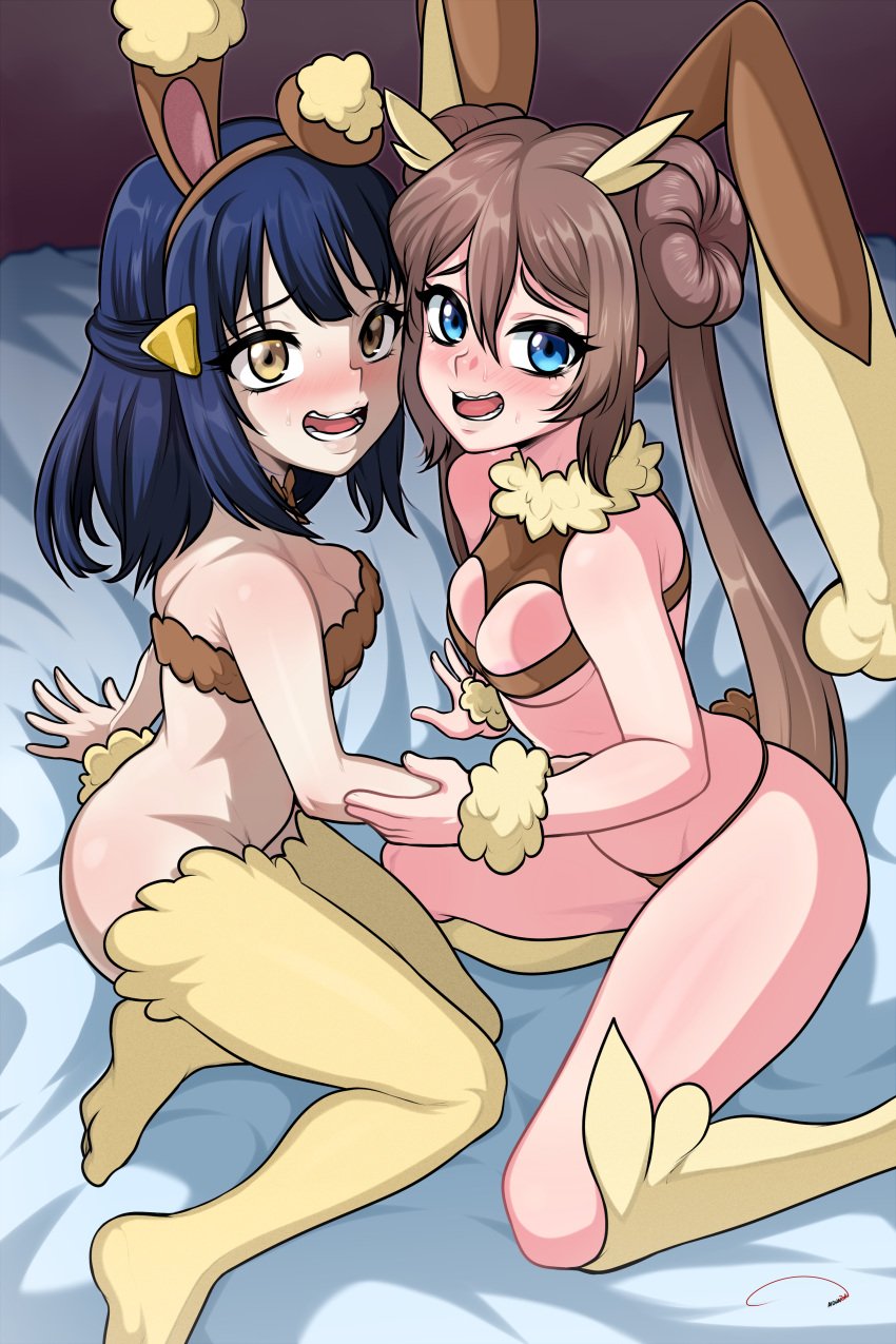 2girls aldharoku bed blue_eyes blue_hair breasts brown_hair buneary_(cosplay) cosplay dawn_(pokemon) double_bun female female_focus female_only game_freak long_hair lopunny_(cosplay) medium_hair nintendo on_bed pokemon pokemon_(cosplay) pokemon_bw2 pokemon_dppt rosa_(pokemon) thighs twintails yellow_eyes