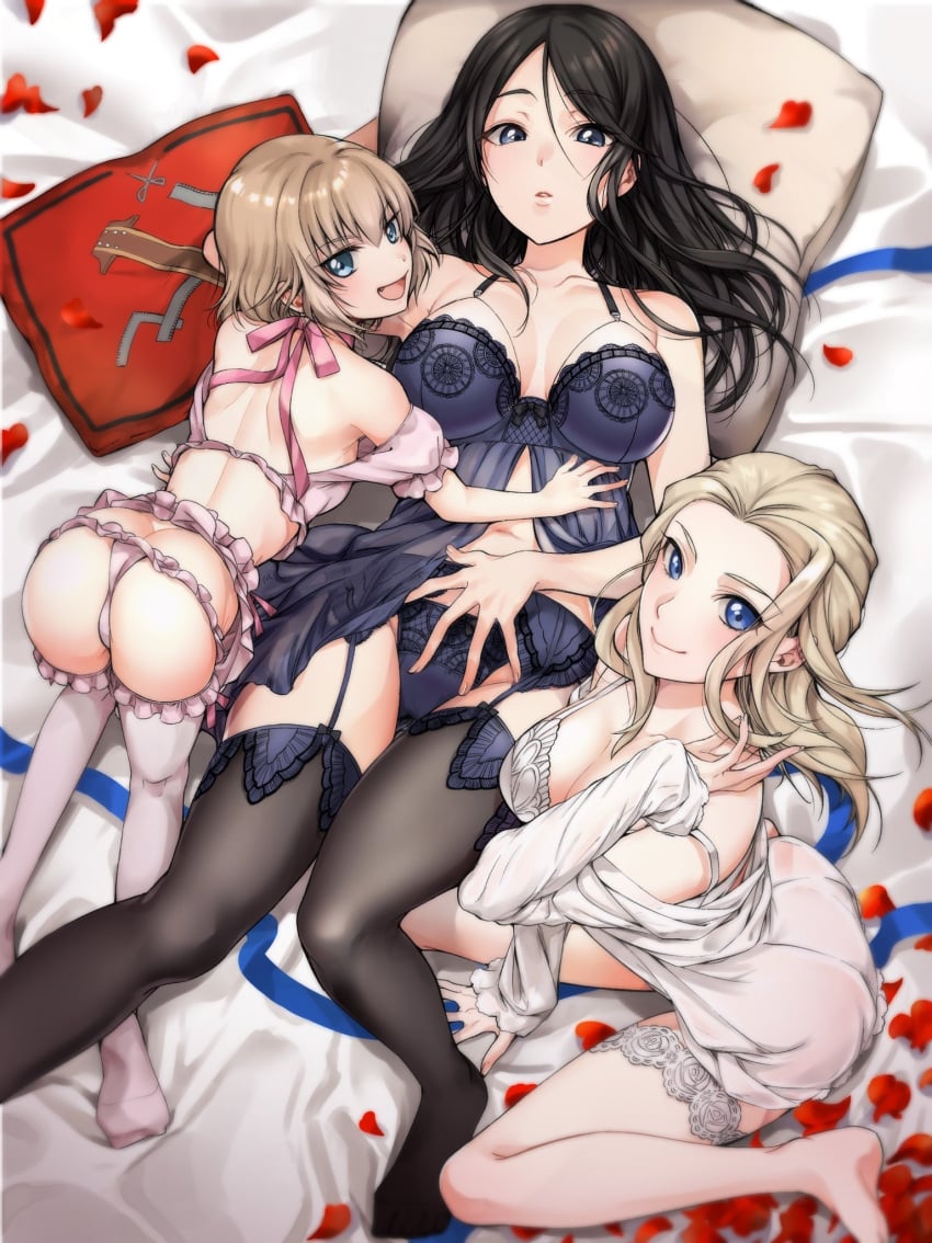 3girls all_fours arm_support ass ass_cleavage babydoll bare_shoulders bed black_hair black_legwear black_panties blonde_hair blue_eyes blush breasts butt_crack clara_(girls_und_panzer) cleavage closed_mouth collarbone emblem eyebrows_visible_through_hair garter_belt garter_straps girls_und_panzer highres katyusha komekueyo large_breasts lingerie long_hair looking_at_viewer looking_up lying multiple_girls navel negligee nonna oerba_yun_fang on_back on_bed open_mouth panties petals pillow pink_panties pravda_(emblem) rose_petals shiny shiny_hair short_hair shoulder_blades sitting small_breasts smile thighhighs underwear white_legwear yuri