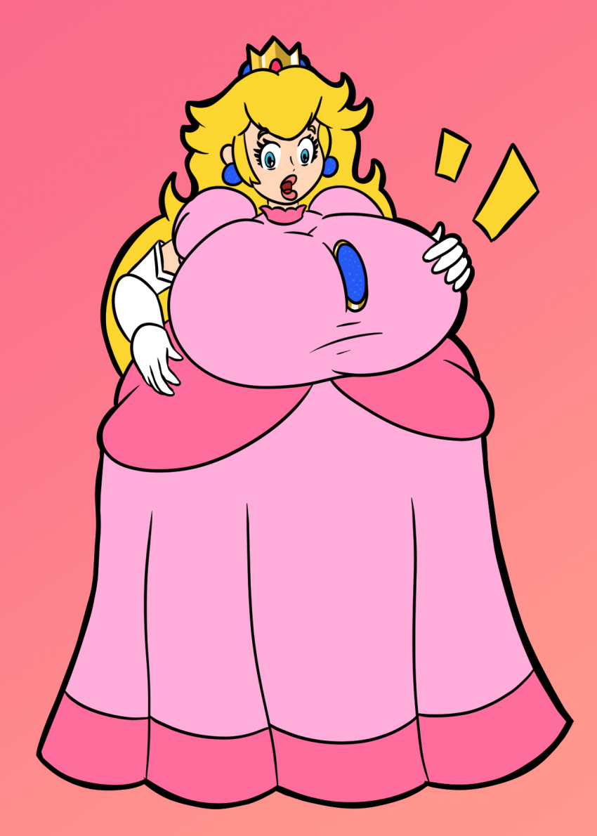 1girls alternate_breast_size big_breasts big_lips blonde_hair blue_eyes breast_expansion breasts clothed clothing crown dress earrings elbow_gloves female female_only gloves hand_on_breast hands_on_breasts huge_breasts hyper_bimbo large_breasts lips long_hair mario_(series) nintendo pink_background pink_dress princess_peach simple_background solo standing surprised surprised_expression thick unknownrez white_gloves