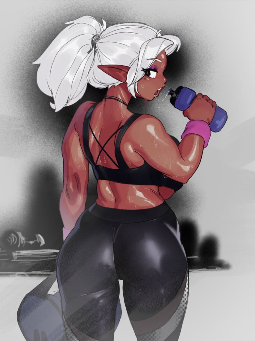 2d_(artwork) ass back_view big_ass dark-skinned_female dark_elf elf greasymeta gym gym_uniform purple_eyes purple_eyeshadow sweating tagme thick_ass thick_thighs white_hair zita586_va