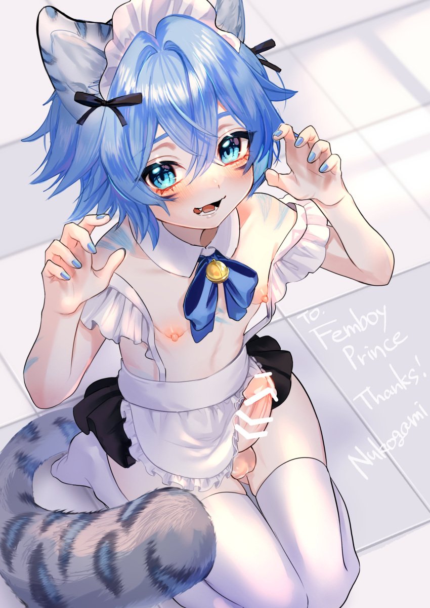 archon_eclipse balls blue_eyes blue_hair blush catboy fang femboy girly maid male male_only nipples penis thick_penis thick_thighs trap