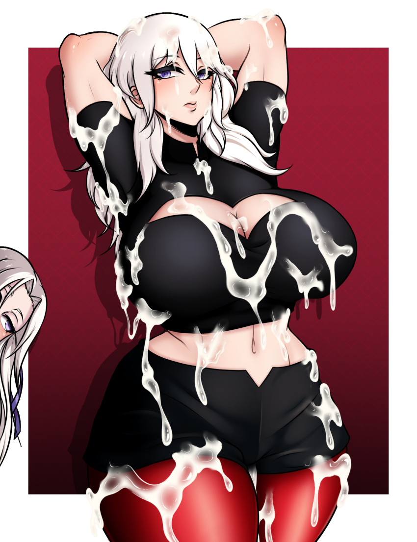 1girls abs alternate_costume bukkake byleth_(fire_emblem) byleth_(fire_emblem)_(female) cleavage cosplay cum cum_drip cum_on_body cum_on_breasts cum_on_face edelgard_von_hresvelg expressionless female female_only fire_emblem fire_emblem:_three_houses huge_breasts large_breasts leggings long_hair midriff muscular_female naughty_face nintendo purple_eyes red_legwear seductive solo solo_focus tensa-zangitsu thick_thighs white_hair wide_hips