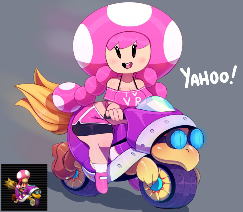 1girls bare_shoulders big_breasts bike_shorts black_bra black_eyes bra breasts chubby cleavage clothing cute female female_only grey_background light-skinned_female light_skin living_bike looking_at_viewer mario_(series) mario_kart motorcycle mushroom nintendo no_nose no_panties open_mouth pale_skin pigtails pink_clothing pink_hair pink_shirt pink_shoes pink_shorts pink_topwear shoes short_shorts shorts shortstack solo solo_female somescrub text text_on_clothing thick thick_hips thick_thighs toadette vehicle wide_hips