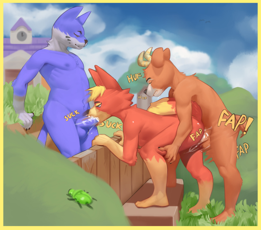 1girls 2boys absurd_res ambient_arthropod ambient_insect ambiguous_penetration animal_crossing antelope anthro arthropod ass audie_(animal_crossing) balls beau_(animal_crossing) bent_over blue_eyes blue_sky bodily_fluids border bovid canid canine canis closed_eyes cum cum_in_mouth cum_inside detailed_background domestic_cat felid feline felis fellatio female female_penetrated fence fur furry furry_only genital_fluids genitals gloves_(marking) group group_sex half-closed_eyes hi_res insects leg_grab leg_markings male male_penetrating male_penetrating_female mammal markings naked narrowed_eyes nintendo nipples nude oral outside outside_sex penetration penile penis plant punchy_(animal_crossing) qunke sex shrub sky socks_(marking) spitroast sweat tail thigh_grab threesome trio video_games wolf yellow_border