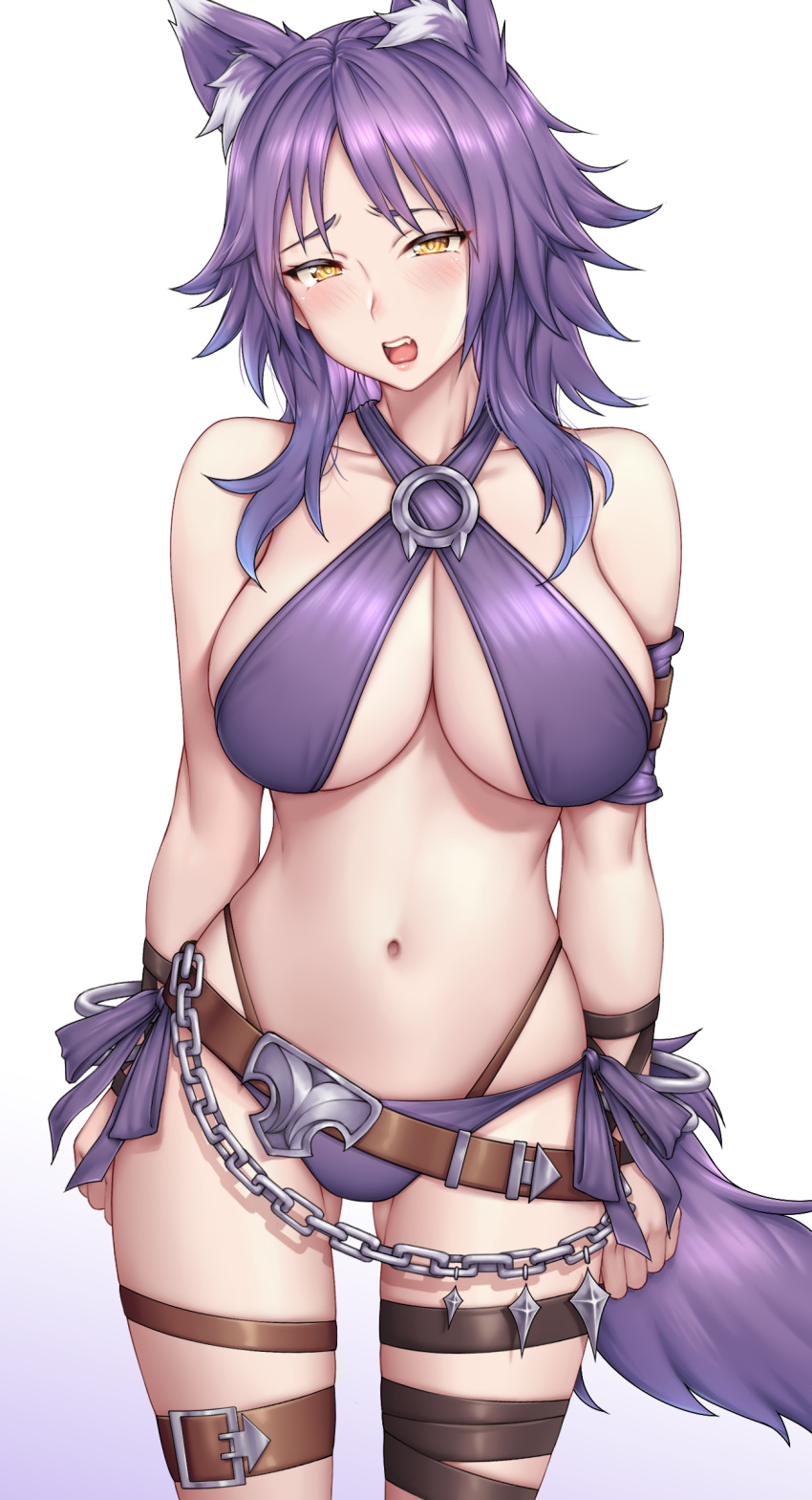 1girls alternate_version_available animal_ear_fluff animal_ears arm_belt bangs belt big_breasts bikini blush bracelet breasts brown_eyes chains collarbone criss-cross_halter female female_only halterneck hi_res high_resolution highleg highleg_bikini highres hourglass_figure jewelry kemonomimi large_breasts light-skinned_female makoto_(princess_connect!) medium_hair navel open_mouth plain_background princess_connect! purple_hair sidelocks simple_background slim_waist solo solo_female swimsuit tail thigh_strap thighs white_background wide_hips wolf_ears wolf_girl wolf_tail yakimi_27