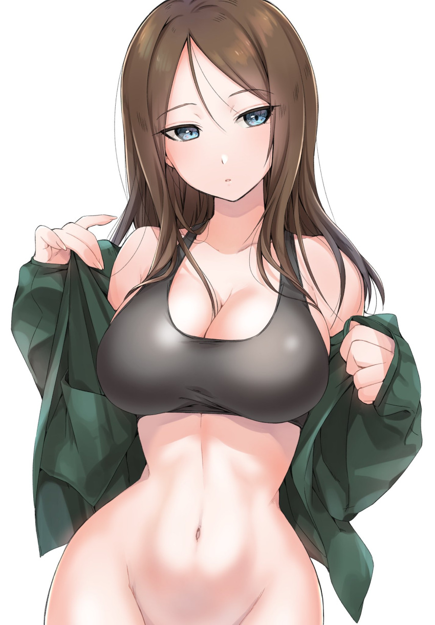 bangs black_hair black_sports_bra blue_eyes blush bottomless breasts cleavage female girls_und_panzer green_jacket groin half-closed_eyes highres jacket jacket_pull komekueyo large_breasts long_hair long_sleeves looking_at_viewer navel nonna nonna_(girls_und_panzer) off_shoulder open_clothes open_jacket parted_lips simple_background sleeves_past_wrists solo sports_bra standing swept_bangs undressing white_background